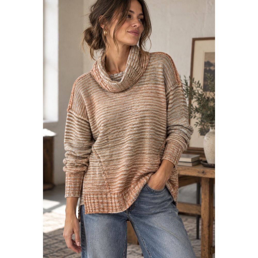 CAbi 4105‎ Ombre Striped Cowl Neck Cotton Tunic Sweater Orange Gray S